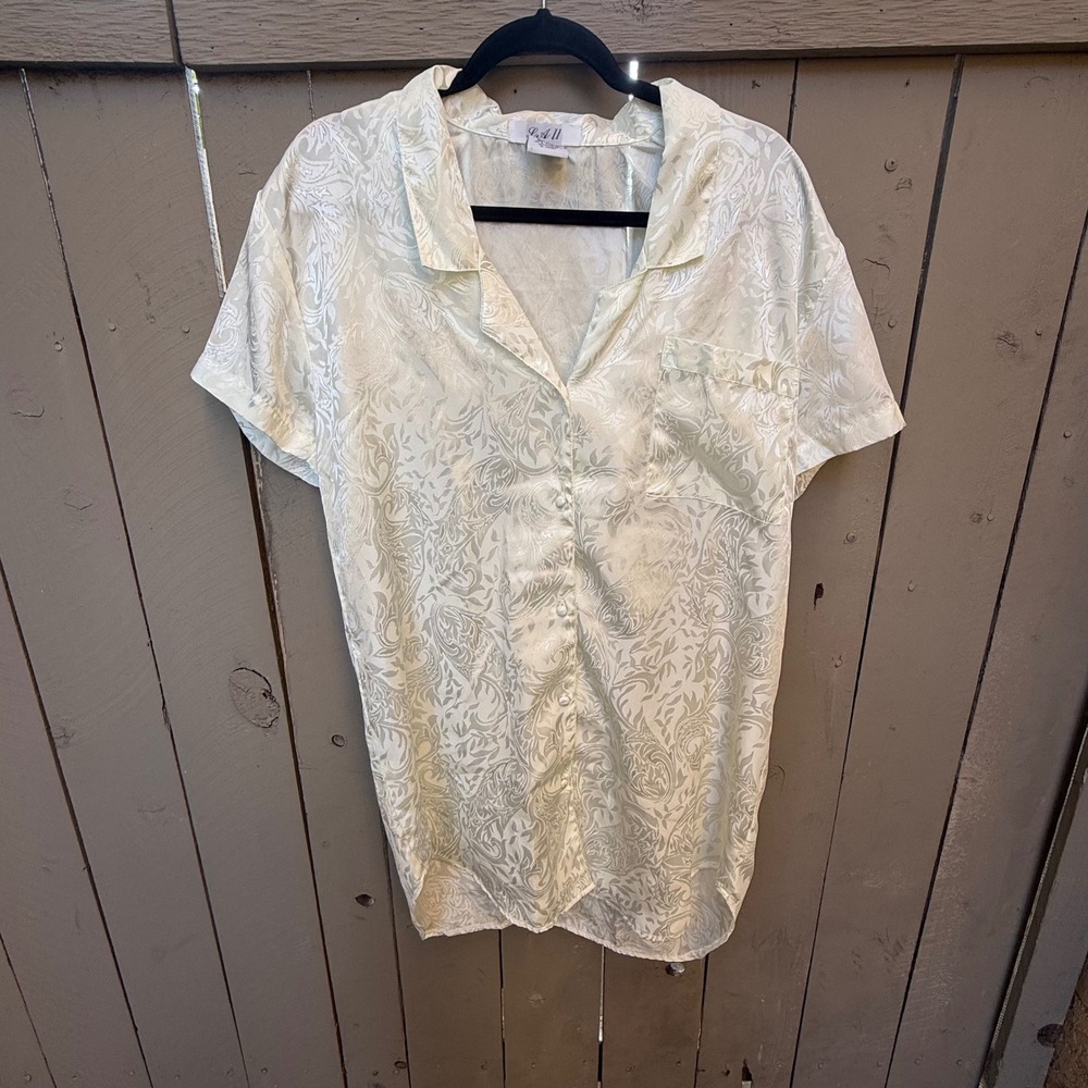 LA II Ivory Damask Jacquard Sleep Shirt Vintage Short Sleeve Nightgown Medium